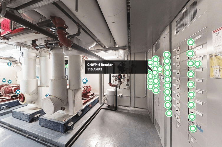 Teollisuuden sähköpääkeskus 3D-virtuaalimallissa – Matterport-kuvaus ja MatterTags-infopisteet näkyvissä