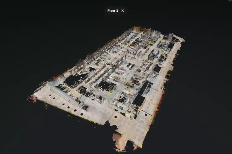 Teollisuustilan 3D-virtuaalimalli nukketalonäkymässä – Matterport-kuvaus