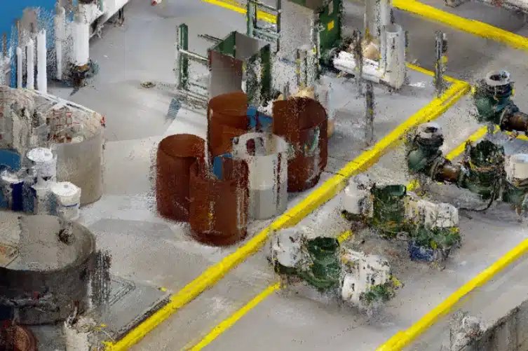 Teollisuusrakennuksen sisätilojen pistepilvidata E57 muodossa Matterport virtuaalikierroksesta. E57 pistepilvi.