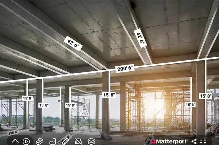 3D-mittauksia betonirakenteisella rakennustyömaalla Matterport-virtuaalimallissa. Etämittaus suoraan 3D-meshistä ilman tarvetta palata työmaalle.