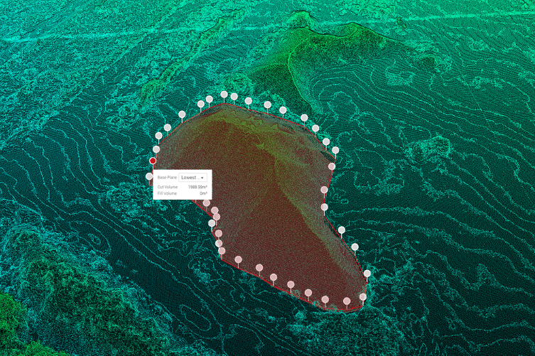 Experium drone volumetrinen mittaus – 3D pistepilvi ja polygonialue sorakasan tilavuuslaskentaa varten.
