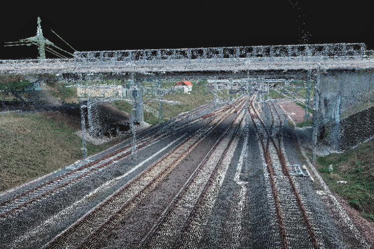 Rautatiealueen 3D-pistepilvi, Experium tuotettuna dronekartoituksella Helsingissä.